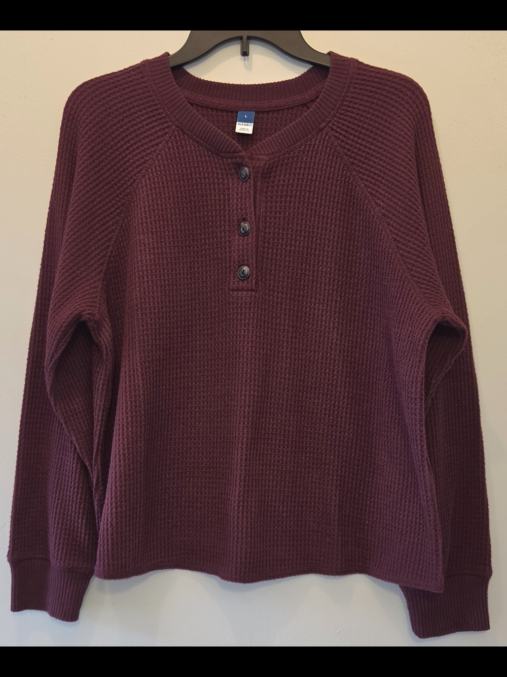 Maroon Waffle Knit Womens Henley with Button Placket